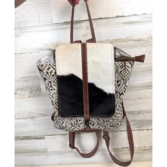 Myra Bag Black & White‎ Cowhide Leather Backpack with Embossed Brown Flap Myra Bags Backpack – My Villa Home Decor main image 2